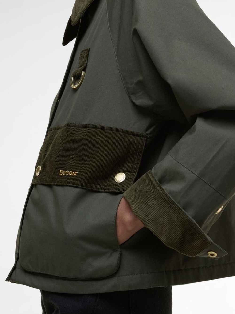 Barbour Phoebe Casual Cropped Jacket Olive Green Corduroy Trim Size US 6 - Picture 3 of 10